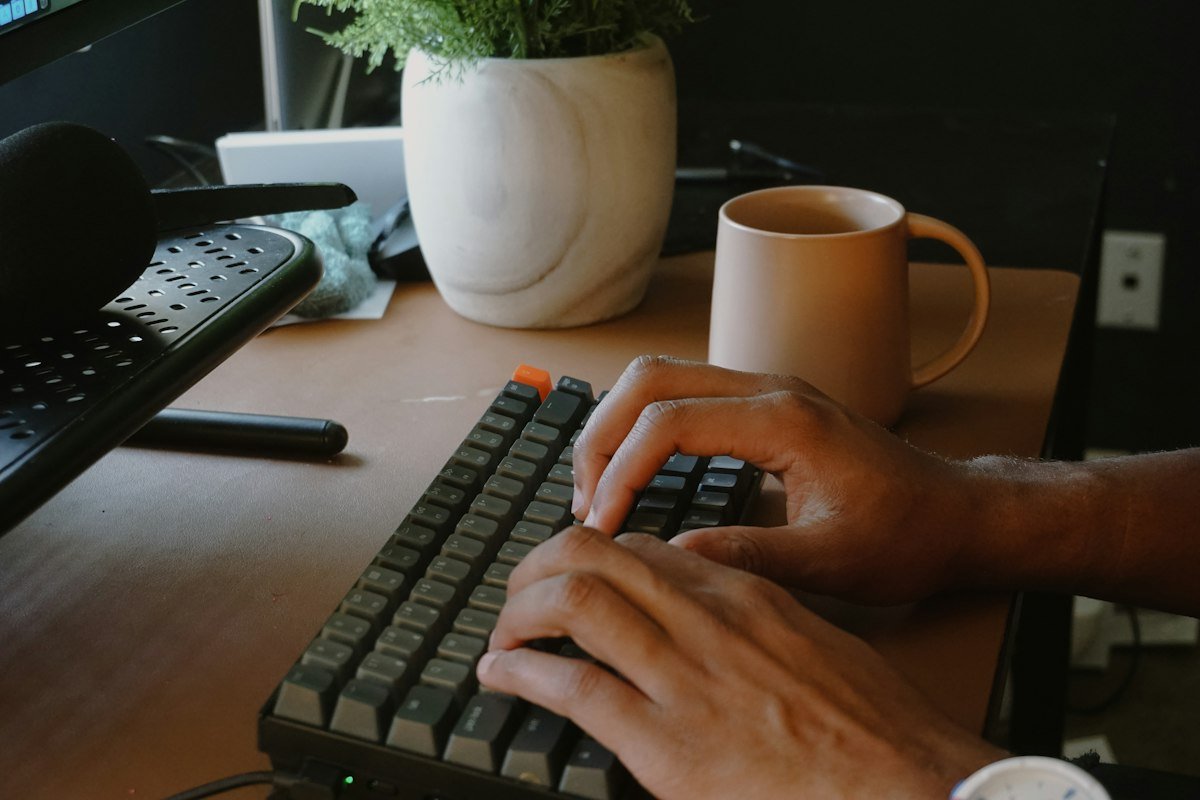 Keyboard and desk for document preparation, illustrative image